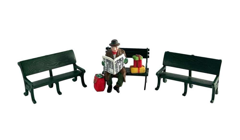 Department 56 Christmas Village Park Bench Set Man Reading Newspaper 3 Pieces
